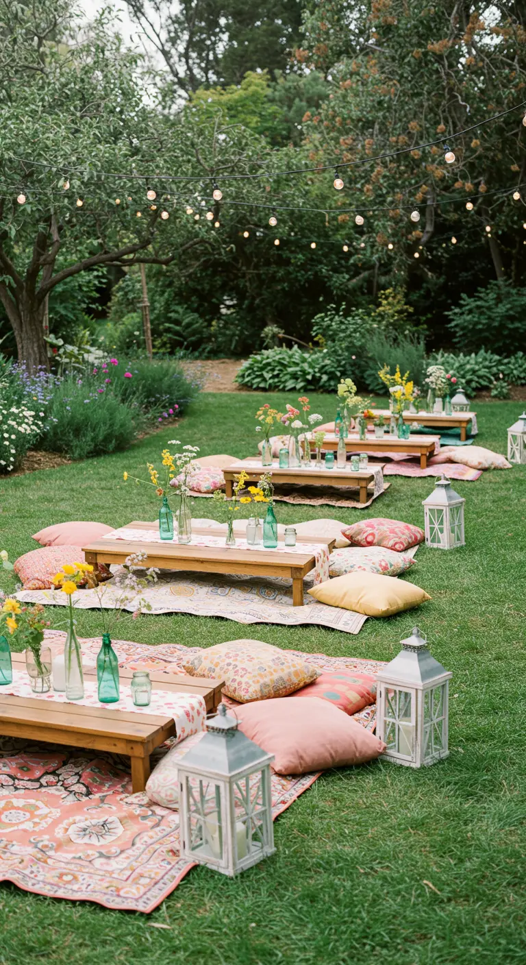 Boho picknick in boomgaard met lage tafels, kussens en lichtslingers