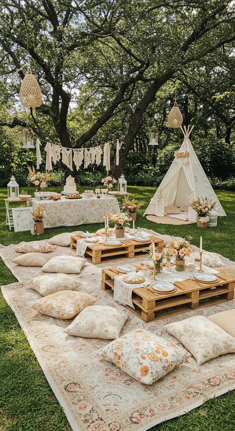 Bohemian picknicksetting in tuin met lage tafels, kussens en tipi met bloemenprints.