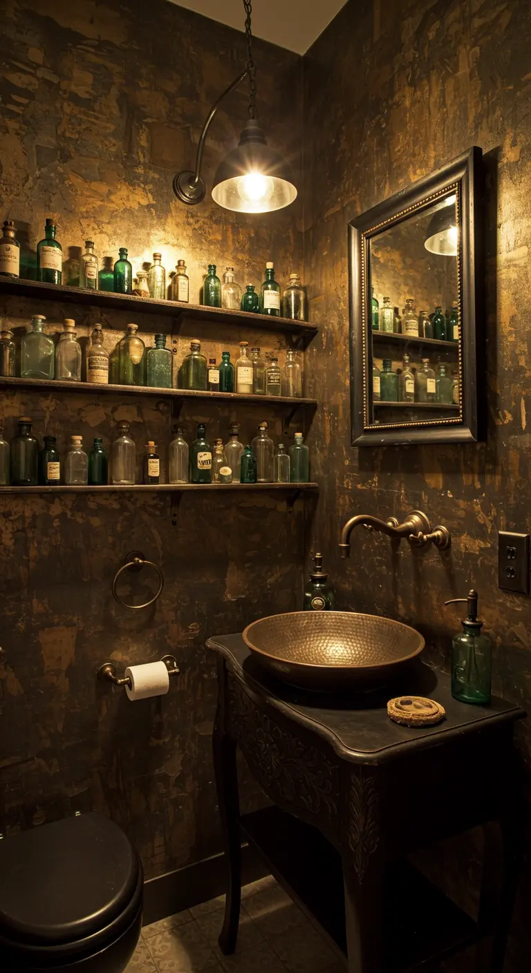 Donker toilet met ruwe muren, open planken met vintage flessen en koperen waskom.