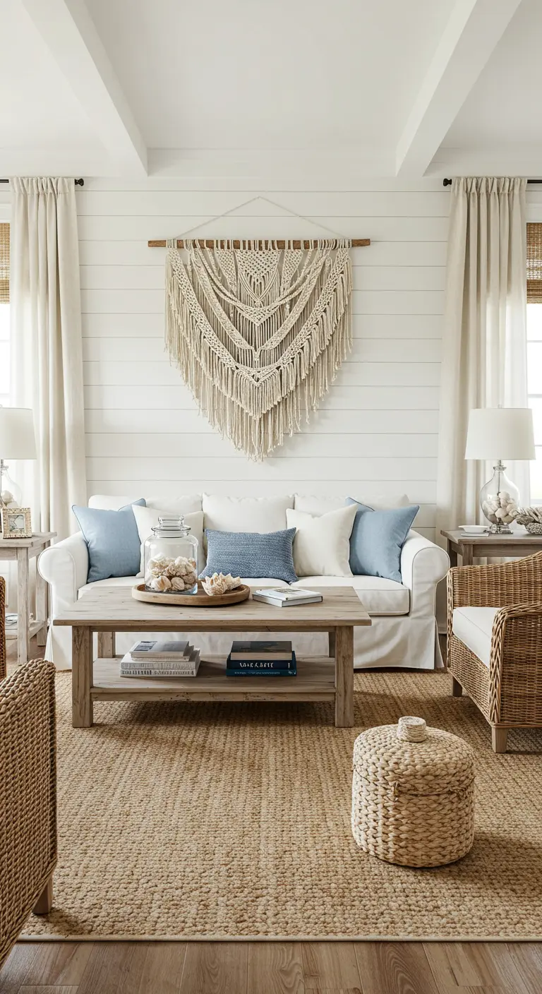 Lichte woonkamer in beachstijl met een groot macramé wandkleed boven de bank.