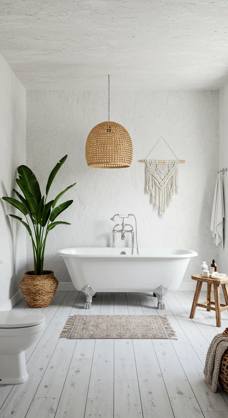 Witte boho badkamer met rotan lamp, macramé, plant en vrijstaand bad op pootjes.