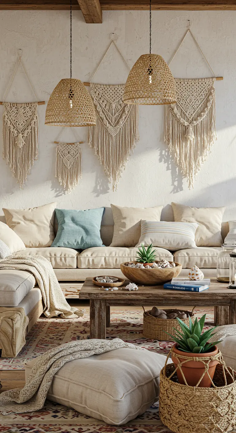Boho woonkamer met macramé, rotan lampen, beige bank en juten kleed.