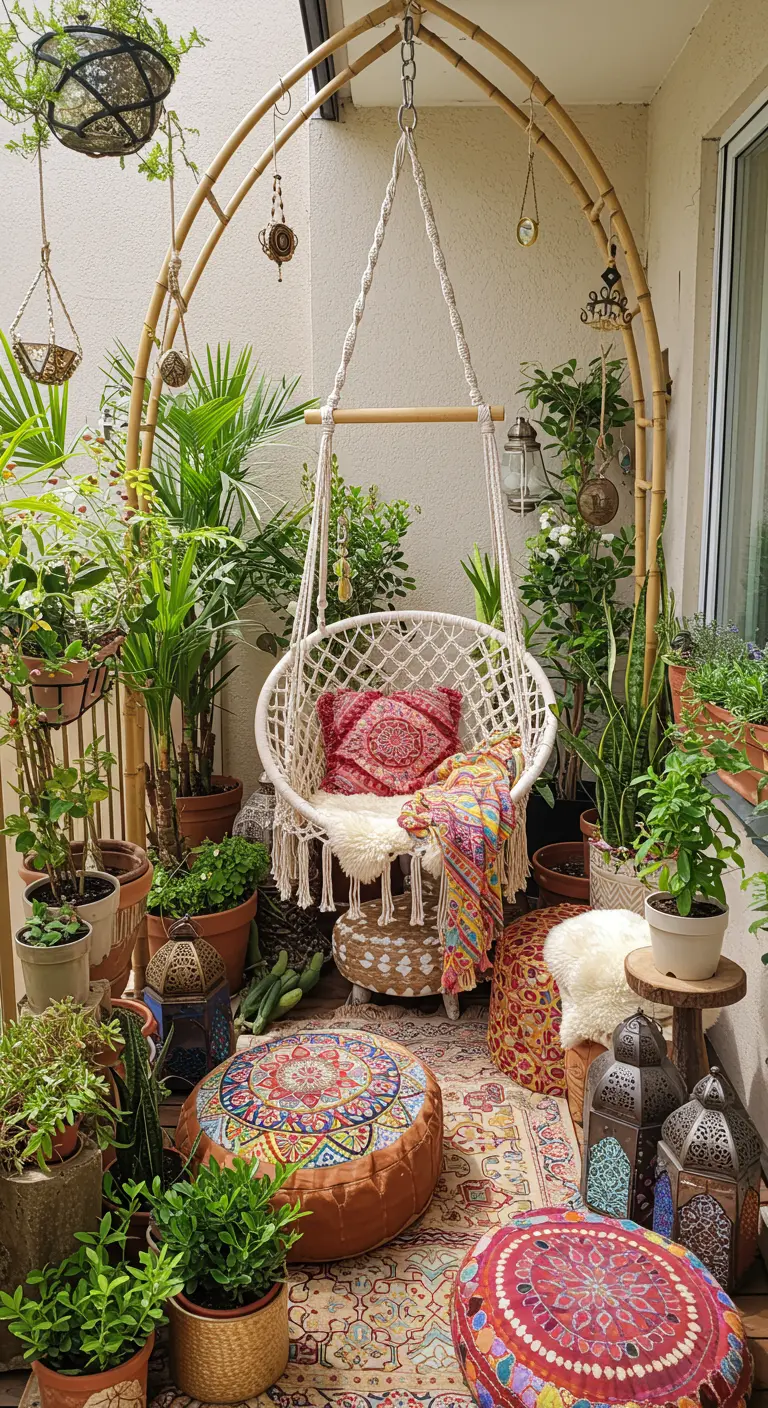 Macramé hangstoel onder bamboe boog op een balkon vol planten en kleurrijke kussens.