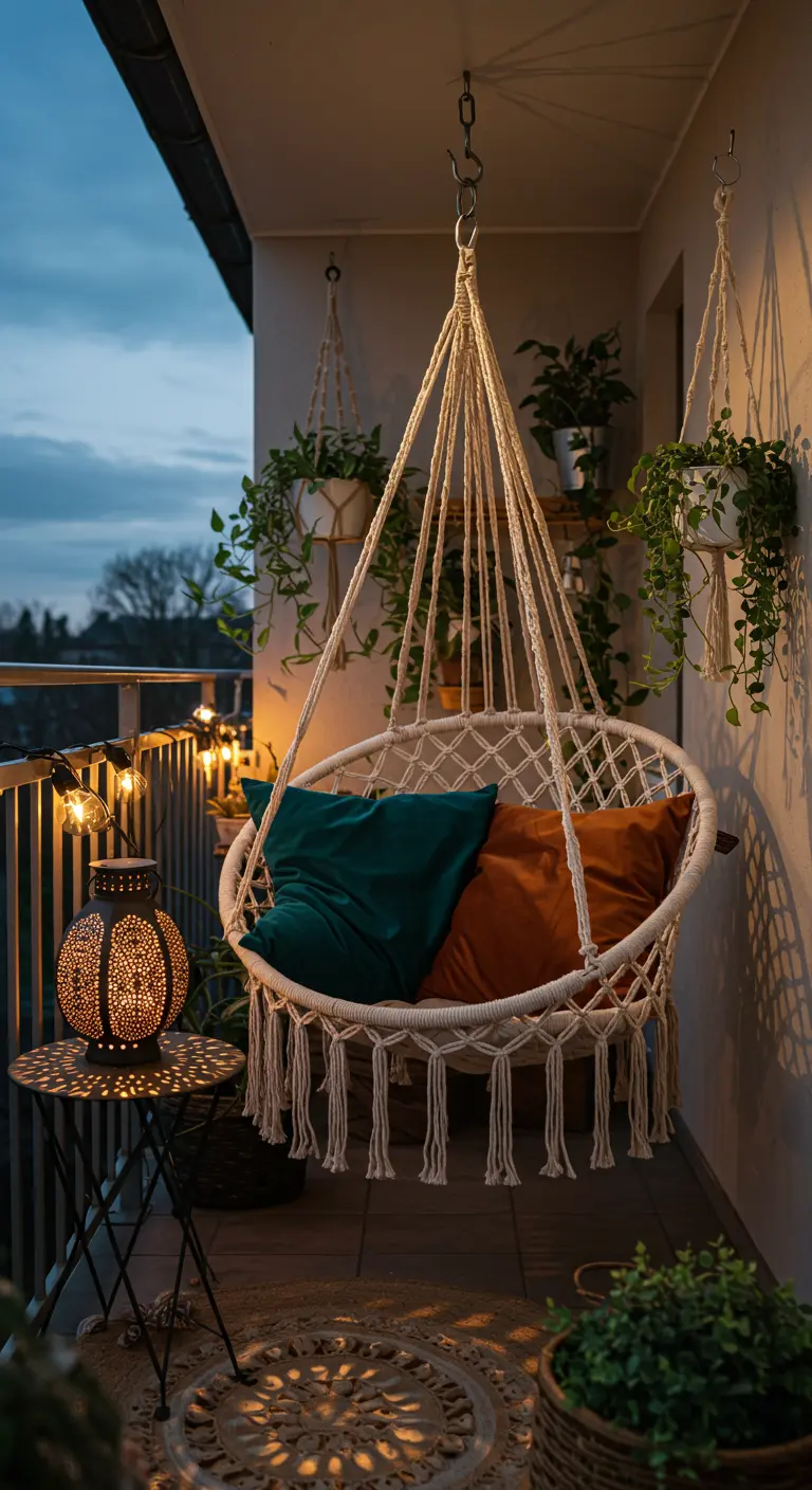 Macramé hangstoel met kussens op balkon 's avonds met lichtsnoer en planten.