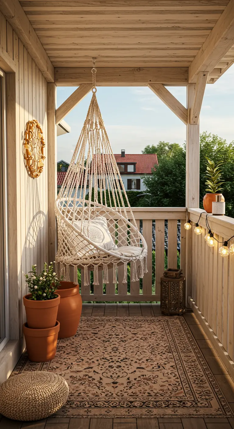 Witte macramé hangstoel onder houten pergola op een gezellig balkon met lichtjes.