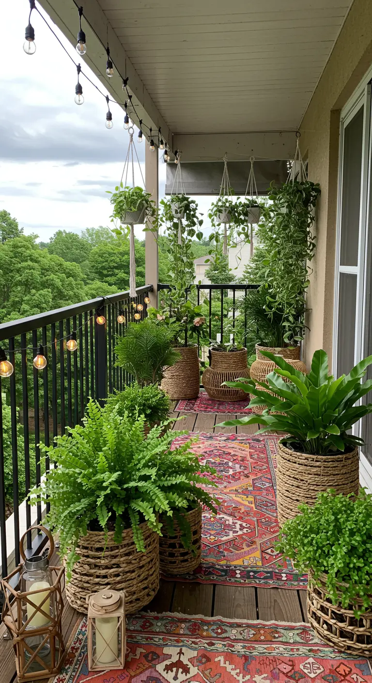 Boho balkon vol met planten in rieten manden, hangplanten en een kleurrijk oosters tapijt.