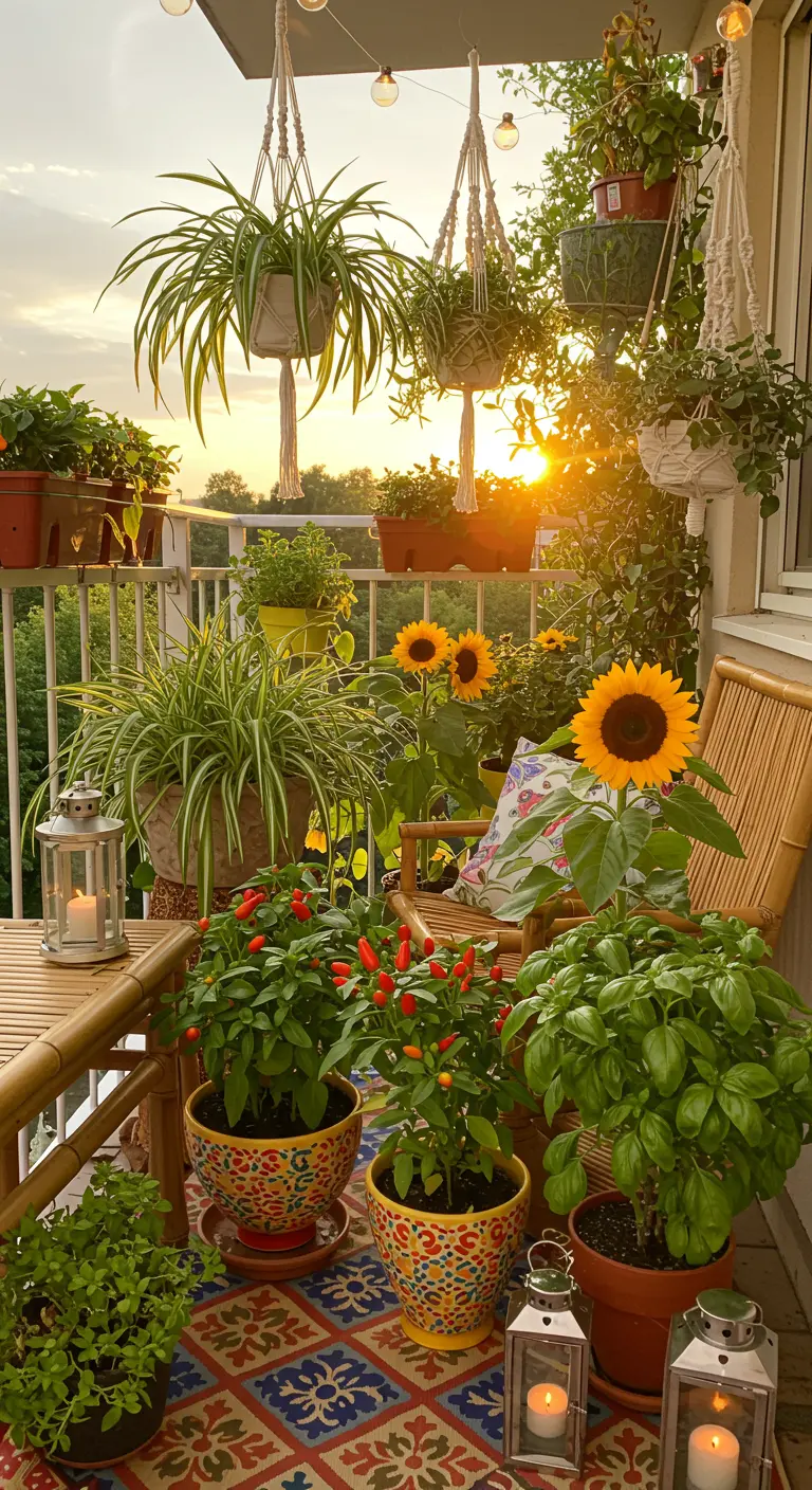 Bohemian balkon met hangplanten, zonnebloemen, chilipepers, basilicum en lantaarns bij zonsondergang.