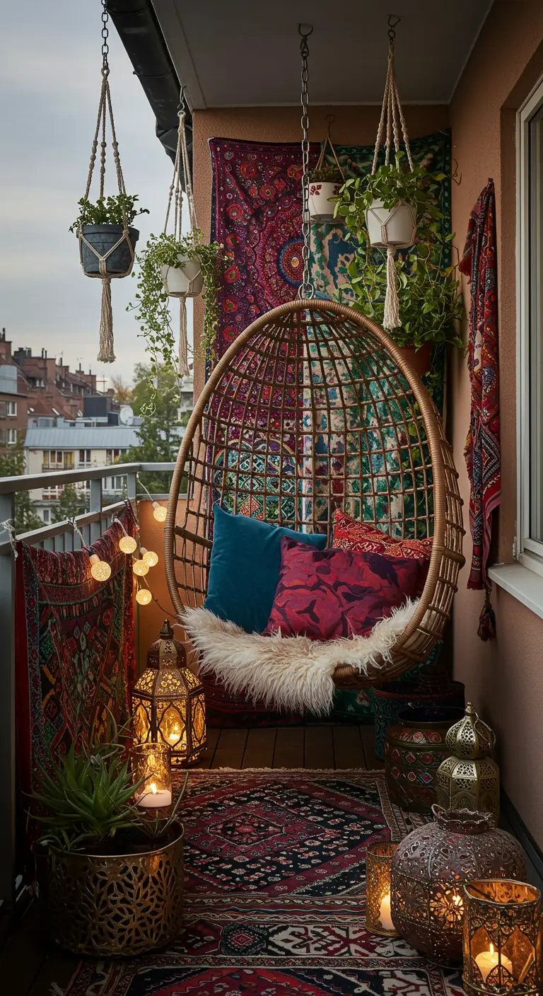 Rotan eivormige hangstoel op een balkon met kleurrijke kleden, kussens, planten en lantaarns.