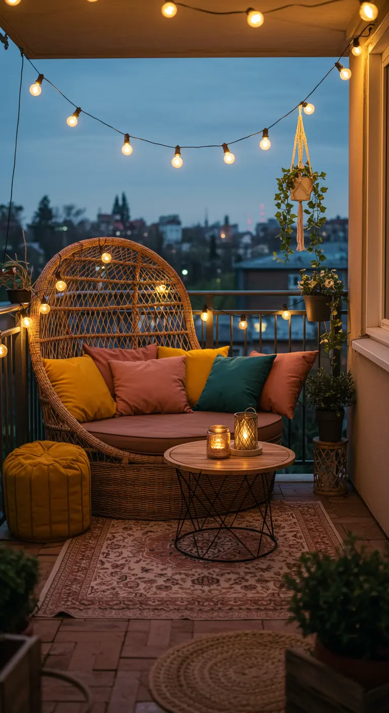 Knus balkon met rond rieten daybed, lichtslinger, kleurrijke kussens en Perzisch tapijt.