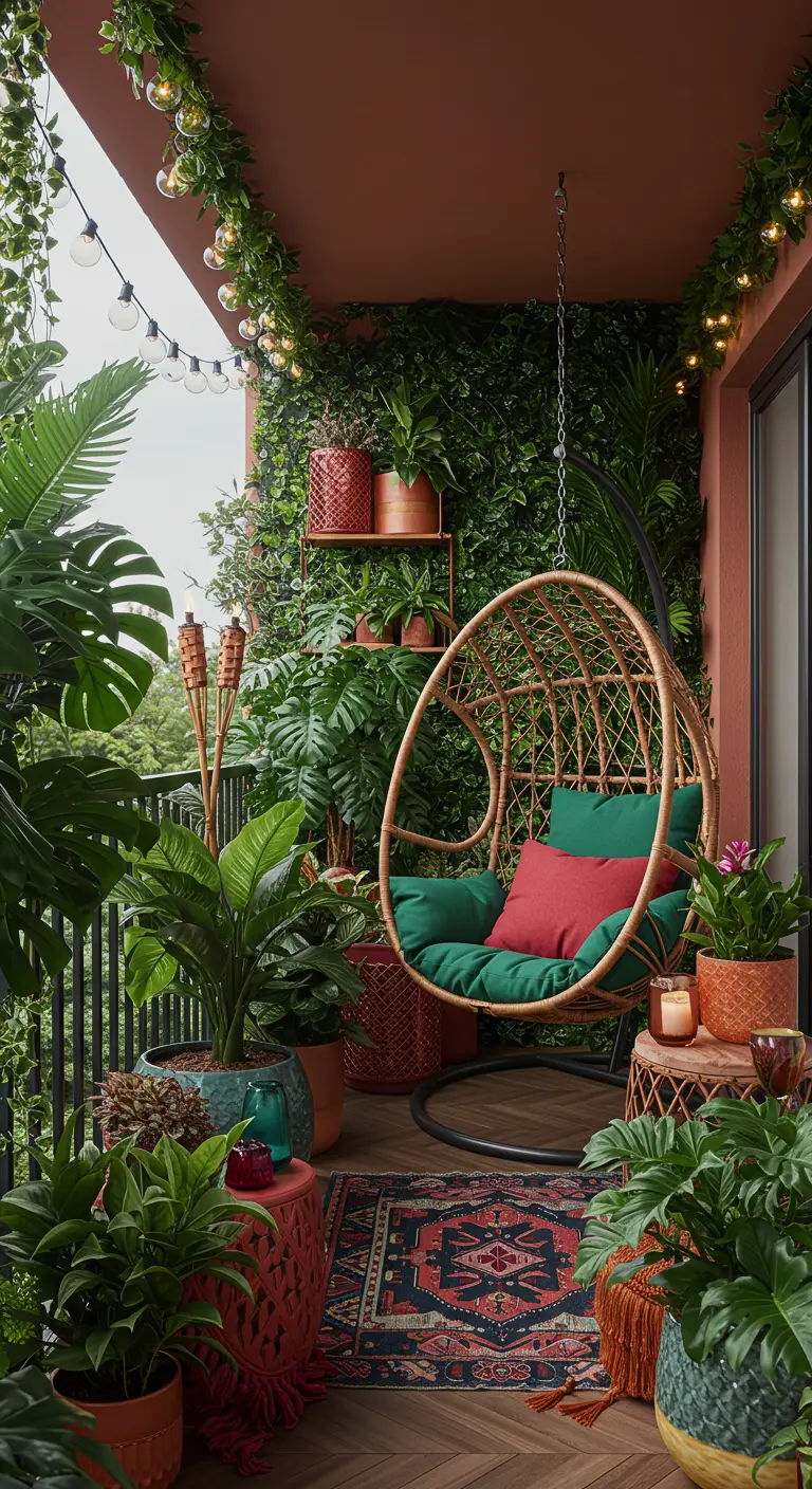 Bohemian balkon met rotan hangstoel, veel planten, kleurrijke kussens en kleed.