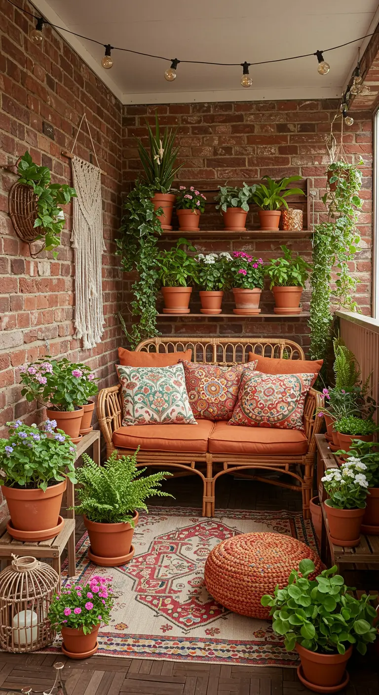 Knus balkon met rotan bankje, Perzisch tapijt, veel planten in potten en lichtslinger.