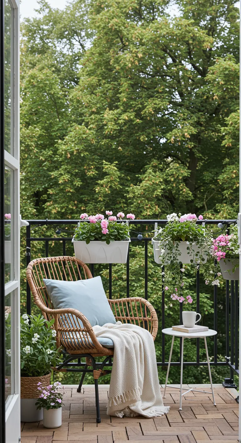 Balkon met rotan stoel, lichtblauw kussen, witte plaid, bloembakken.