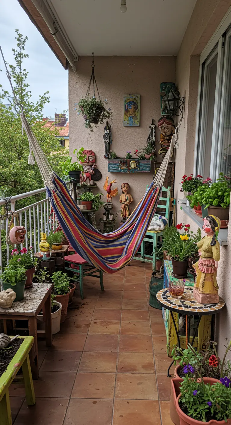 Kleurrijke hangmat op een balkon met veel planten, etnische decoraties en terracotta tegels.