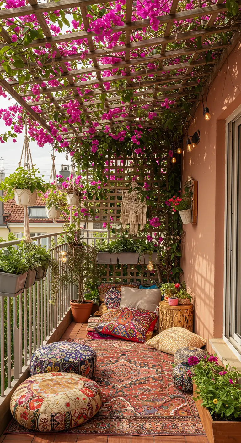 Bohemian balkon met houten lattenplafond, overgroeid met roze bougainville, kleurrijke kussens.