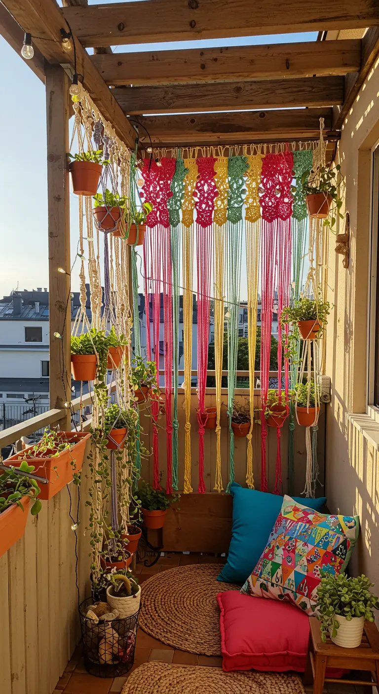Kleurrijk macramé gordijn met hangende plantenpotjes als afscheiding op een balkon.
