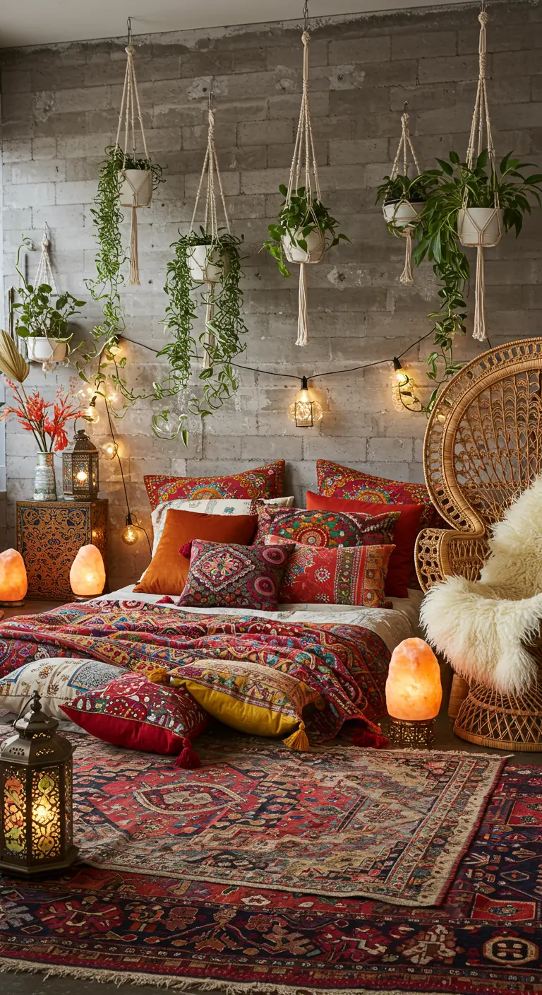 Bohemian slaapkamer met betonwand, kleurrijke textiel, hangplanten en lichtslingers.