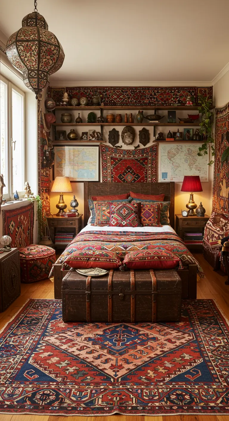 Bohemian slaapkamer vol met gelaagde Perzische tapijten en etnische decoratie.