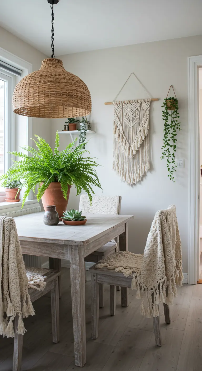 Boho eethoek met houten tafel, plaids over stoelen, rotan lamp en macramé.