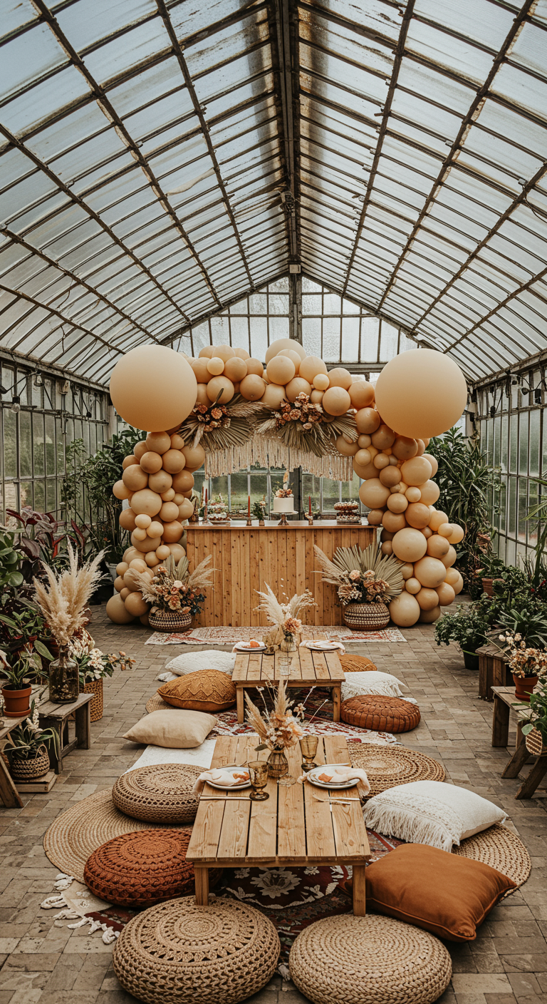 Boho-stijl feest in een kas met perzikkleurige ballonnenboog en lage tafels.