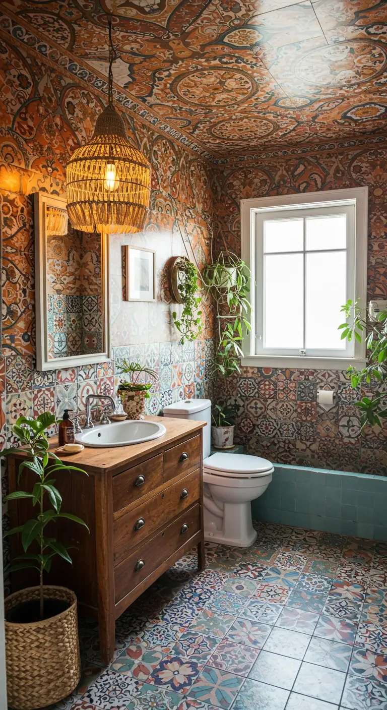 Boho badkamer met kleurrijke Portugese tegels op muren en plafond, en een grote rieten hanglamp.