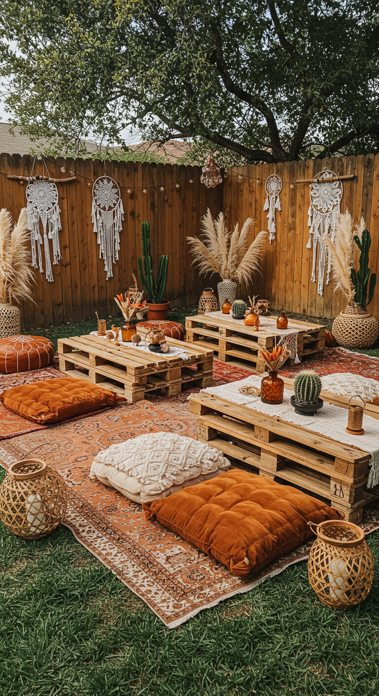 Bohemian zithoek buiten met pallets, kussens, tapijten en pampasgras.