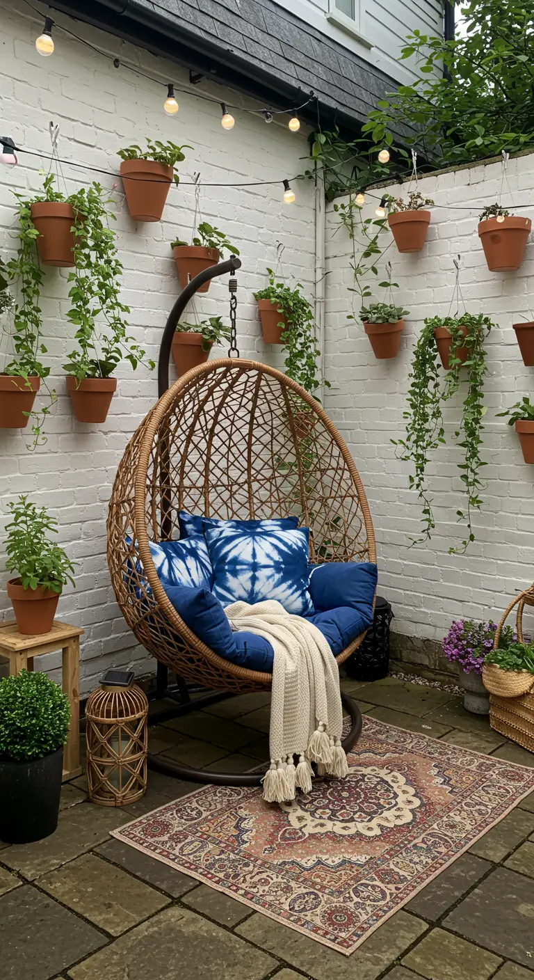 Rotan hangstoel met boho kussens voor witte muur met hangplanten.
