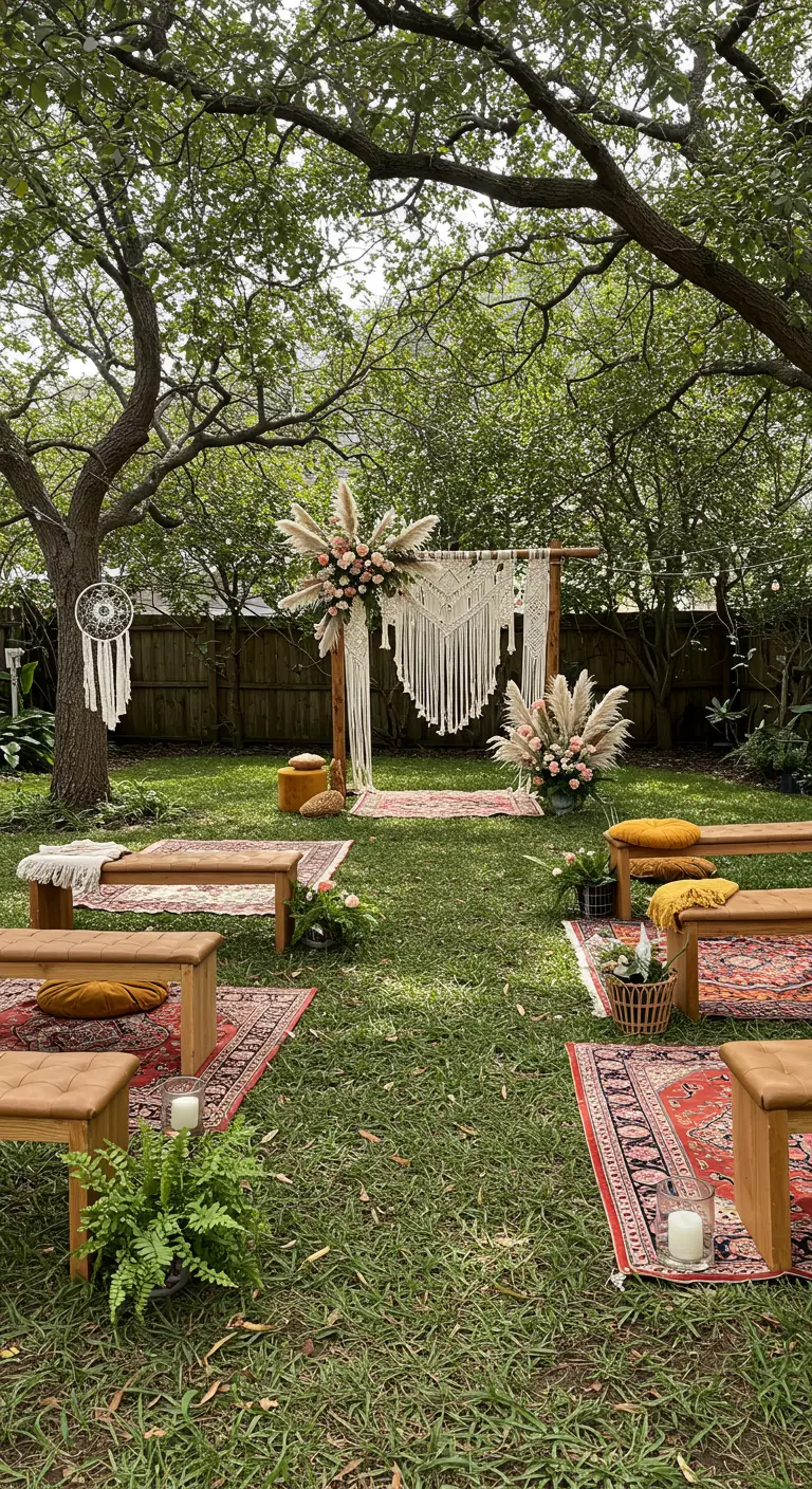 Bohemian trouwceremonie setting in tuin met macramé backdrop en pampasgras.