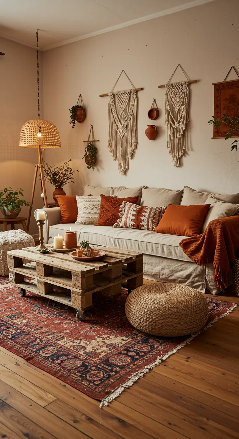 Bohemian woonkamer met pallet salontafel, macramé en terracotta kussens.