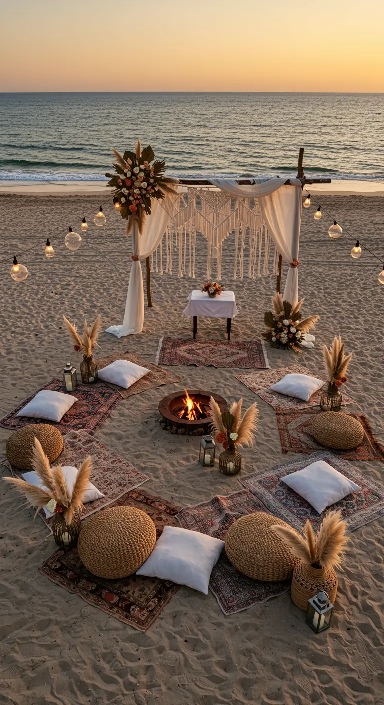 Boho-ceremonie op het strand met macramé, kussens en vuurkorf