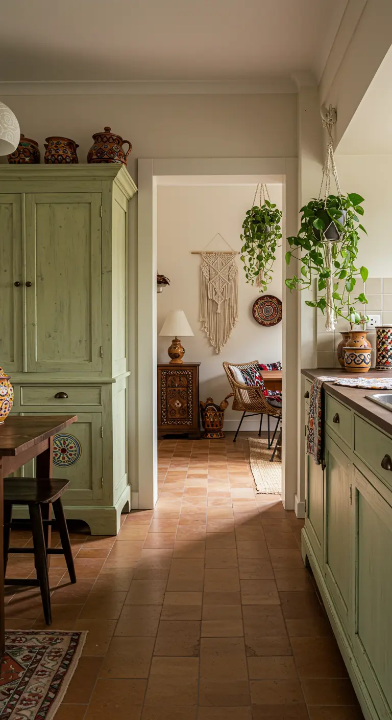 Landelijke open keuken met groene kasten, terracotta vloer en veel hangplanten.