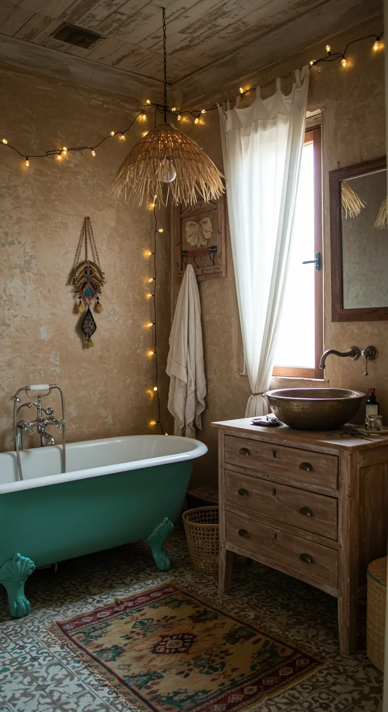 Boho-chic badkamer met vintage dressoir, fairy lights en groen bad