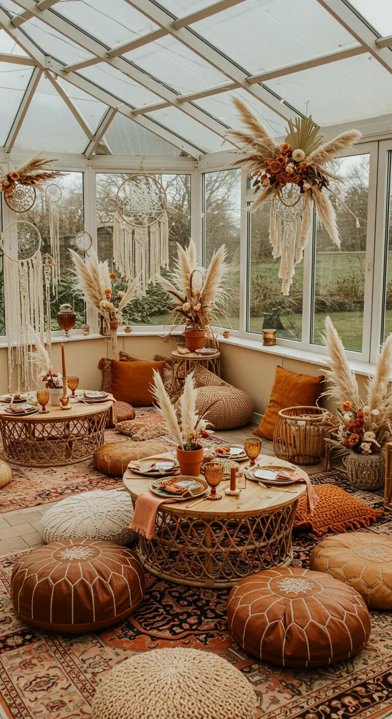 Bohemian trouwontbijt setting in serre met lage tafels, kussens en pampasgras.