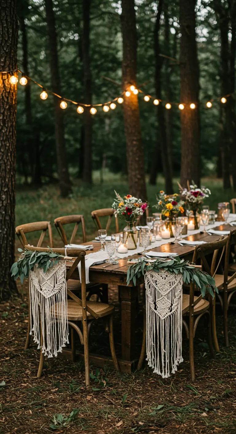 Houten stoelen met macramé hangers en eucalyptus, aan een tafel in het bos.