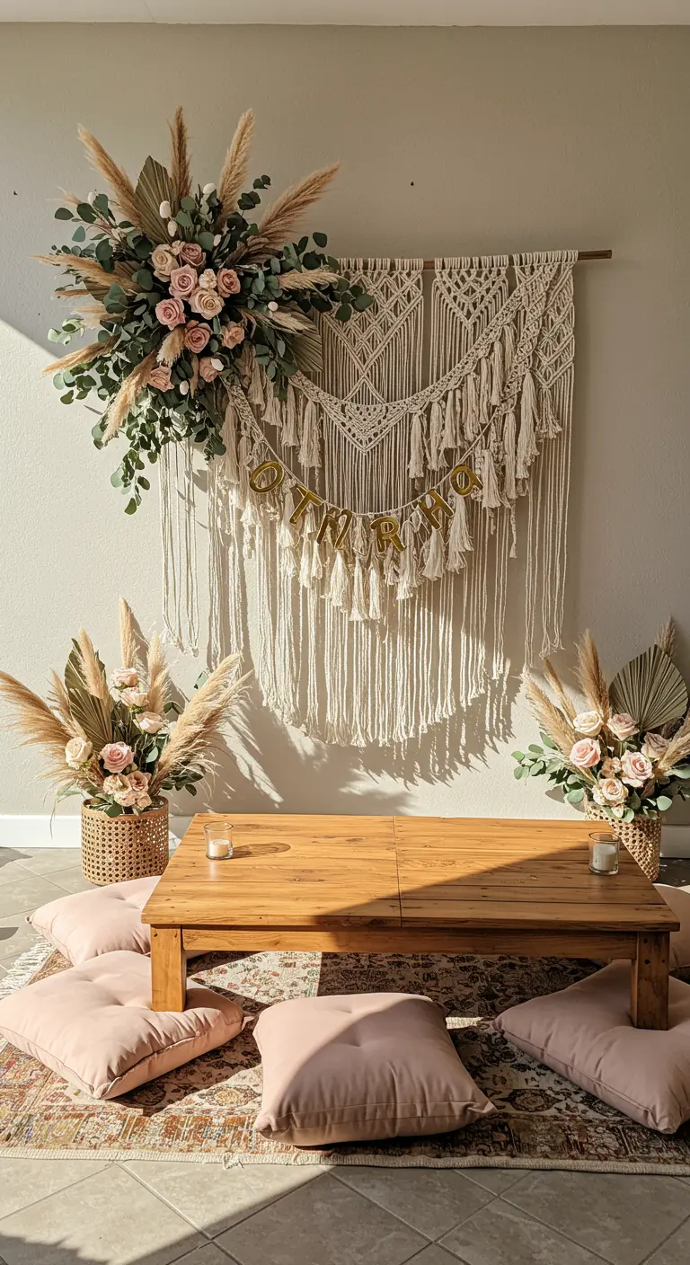 Boho backdrop met macramé, droogbloemen, pampasgras, lage tafel en kussens.