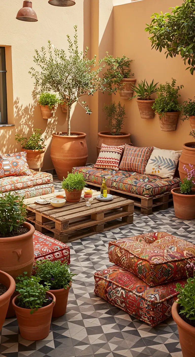 Levendige patio met patroontegels, palletloungesets met boho kussens en veel terracotta potten met planten.