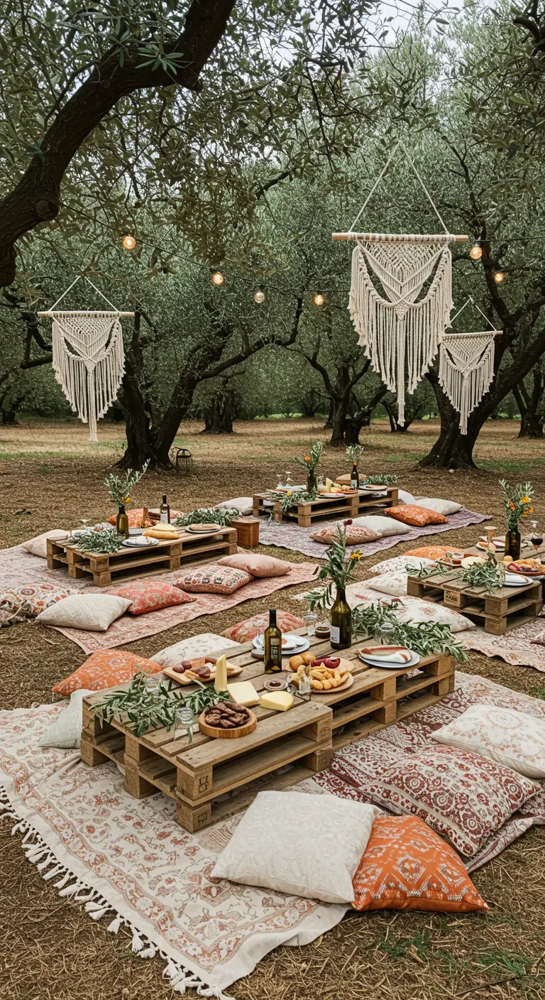 Bohemian picknick met pallettafels, kleden en macramé in olijfgaard.