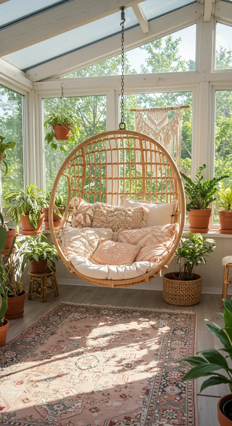 Rotan eivormige hangstoel in een lichte serre, gevuld met boho kussens, boven een Perzisch tapijt.