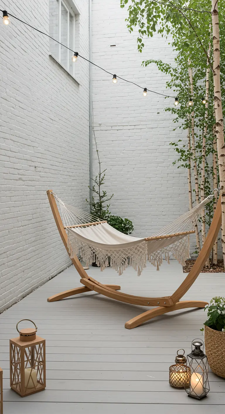 Witte macramé hangmat in houten standaard op grijze vlonder, witte muur, lantaarns.