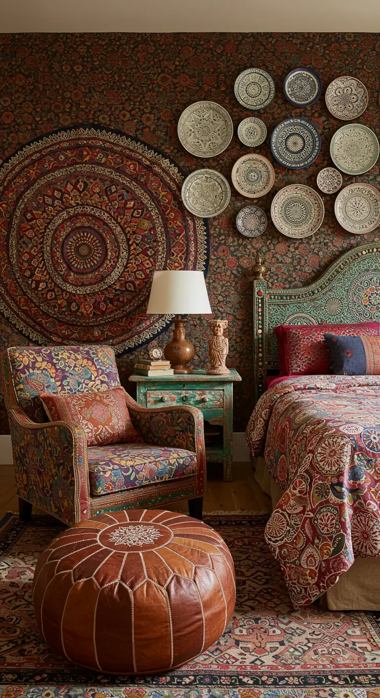 Bohemian slaapkamer met groot rond wandkleed, ronde poef en veel patronen.