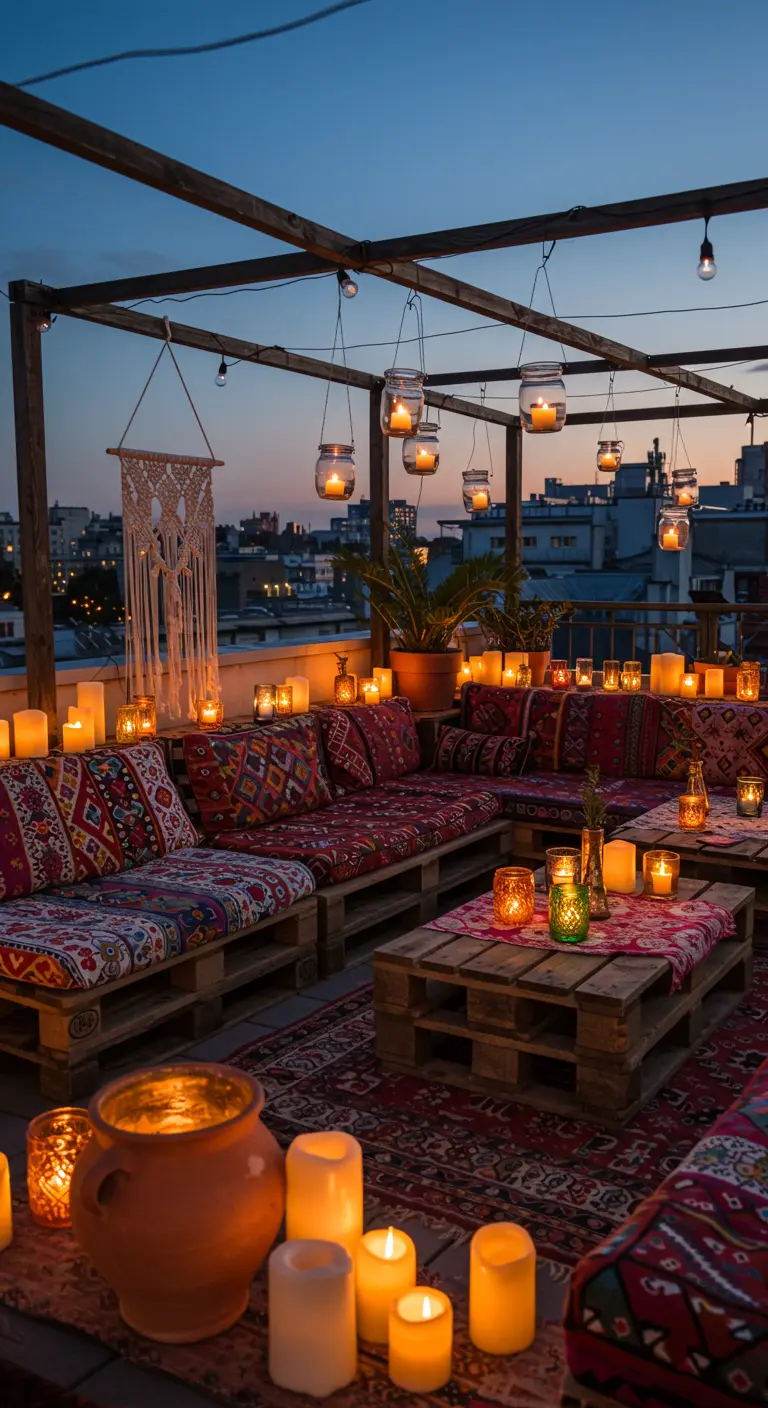 Bohemian dakterras met palletbanken, kleden en kaarslantaarns.