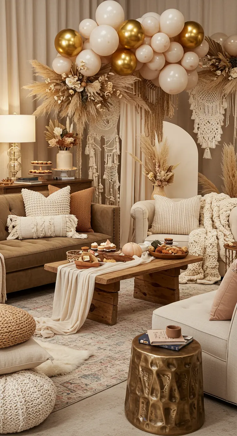 Boho glam feeststyling met pampasgras, gouden ballonnen en macramé.