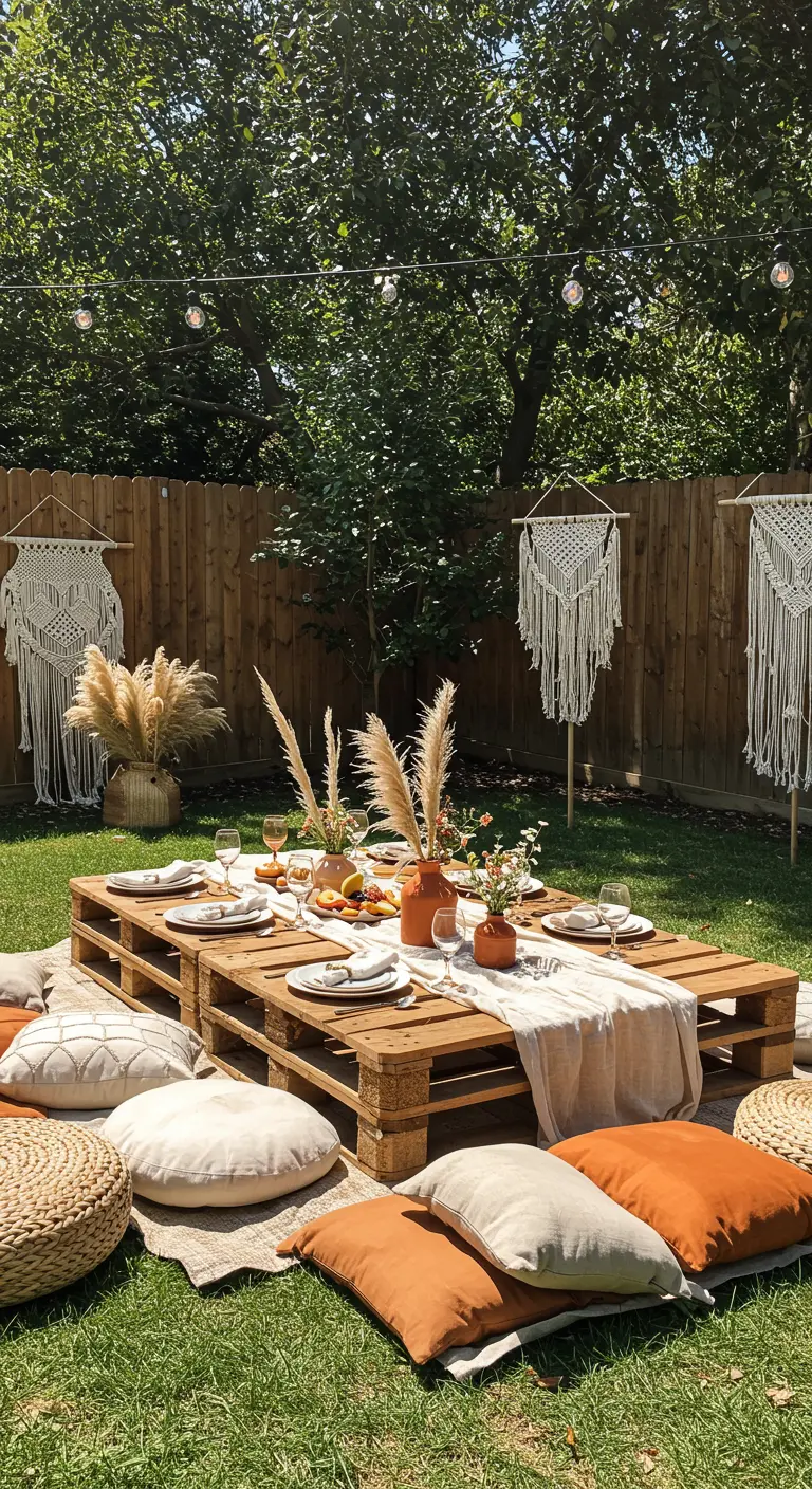 Boho buitendiner op pallettafel met macramé wandhangers en pampasgras.
