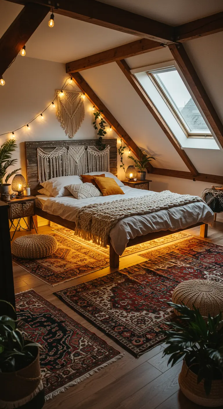 Bohemian slaapkamer met houten bed en warme lichtjes eronder, veel kleden en planten.