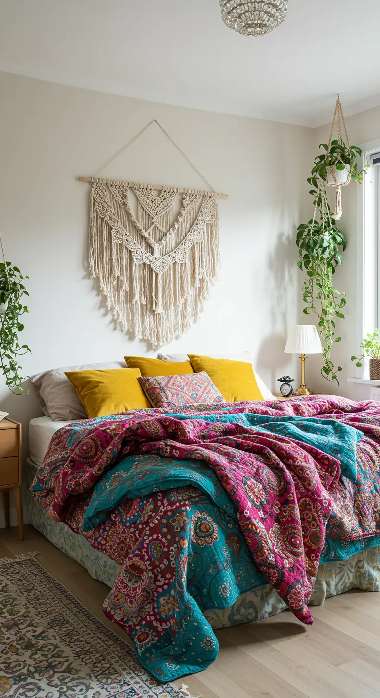Bohemian slaapkamer met macramé wandhanger boven het bed, kleurrijk beddengoed en veel hangplanten.