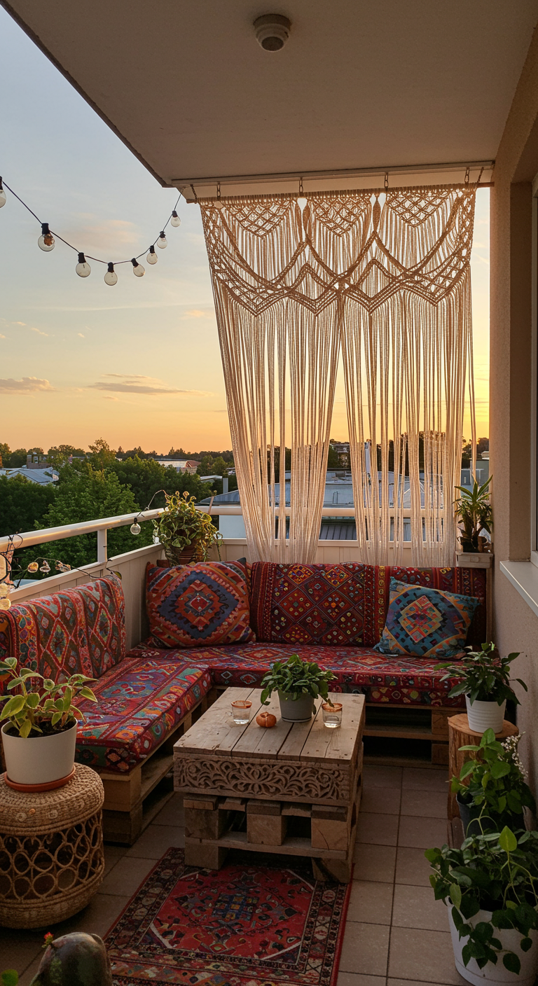 Balkon met macramé gordijn, palletbank en kleurrijke kussens bij zonsondergang.