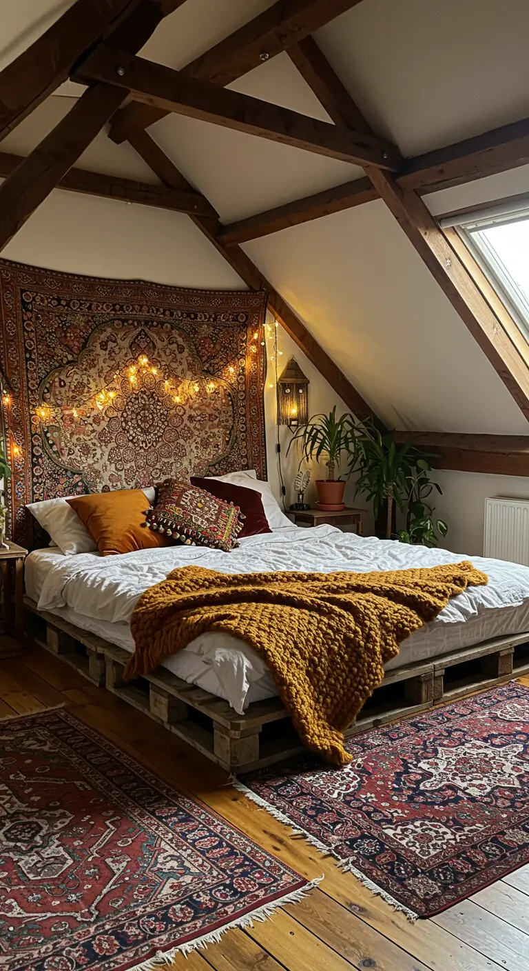 Bohemian slaapkamer met groot wandkleed en lichtjes achter een palletbed.
