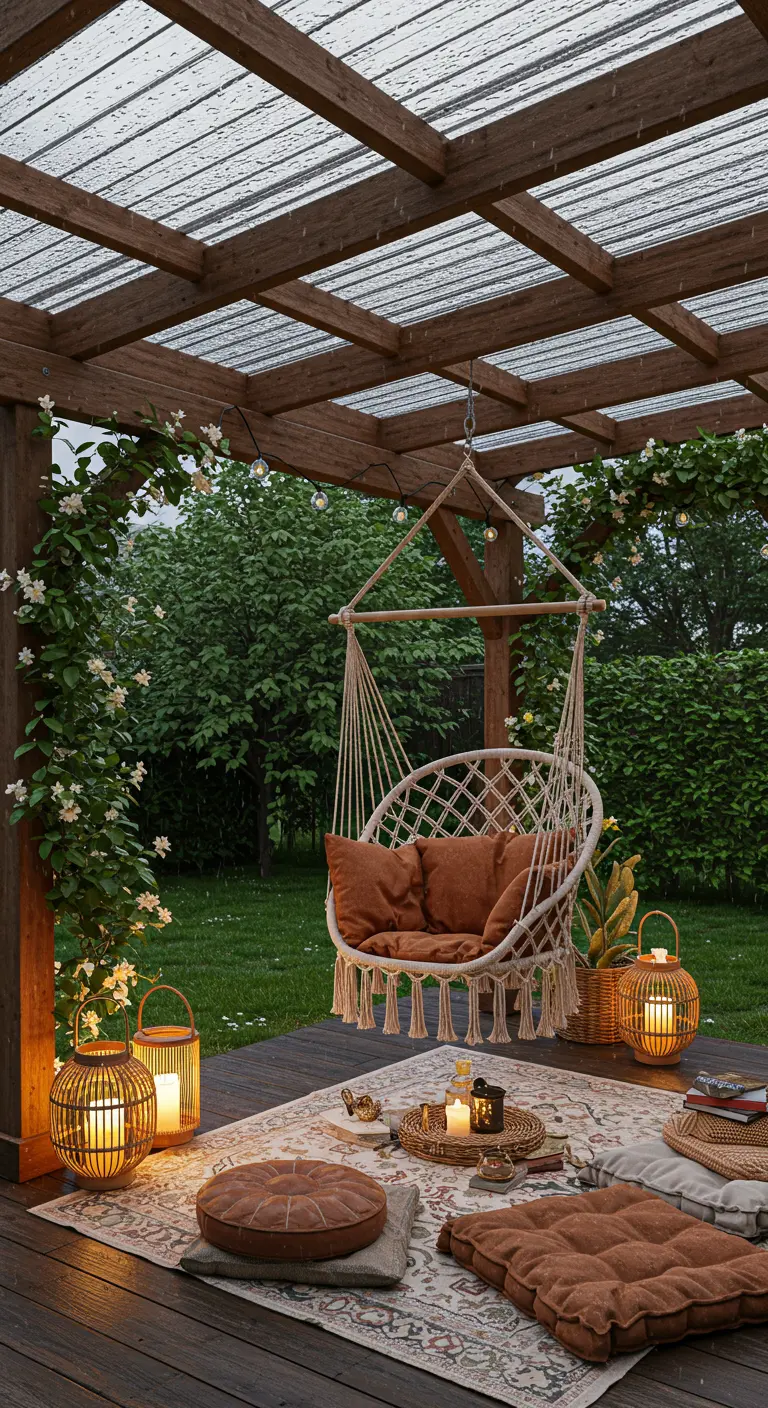 Macramé hangstoel onder houten pergola met transparant dak, terracotta kussens en lantaarns.