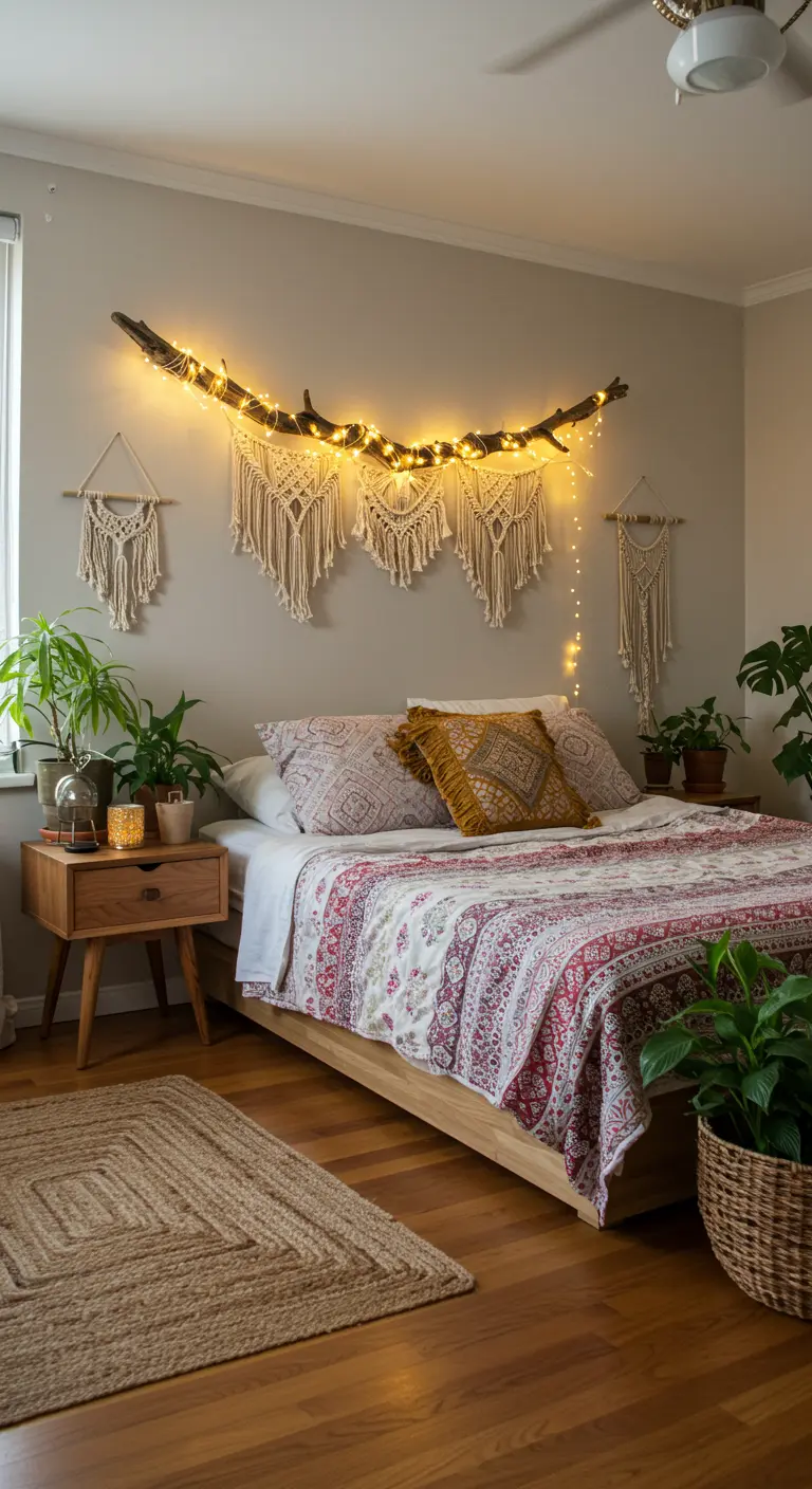 Tak met kerstlichtjes en macramé hangers boven een bed in een boho-stijl slaapkamer.