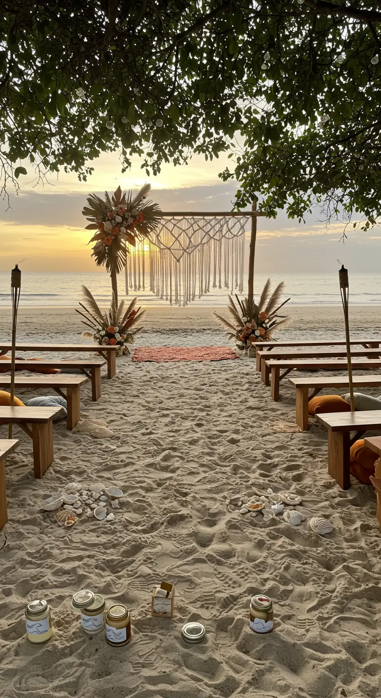 Strandceremonie met macramé backdrop, houten bankjes en fakkels bij zonsondergang.