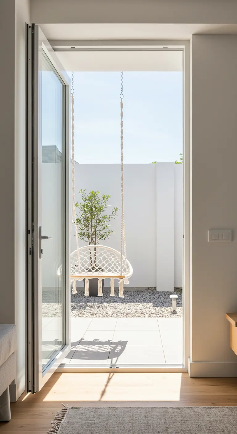 Witte macramé hangstoel in deuropening naar lichte minimalistische patio.
